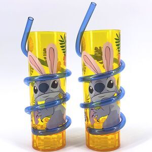 Disney Stitch Easter Bunny Bendy Straw Cup Set Of 2 Hawaiian Tiki Print Drink